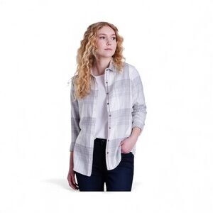 KUHL Kamila Flannel Shirt Women’s L Gray White Plaid Velvet Trim Soft